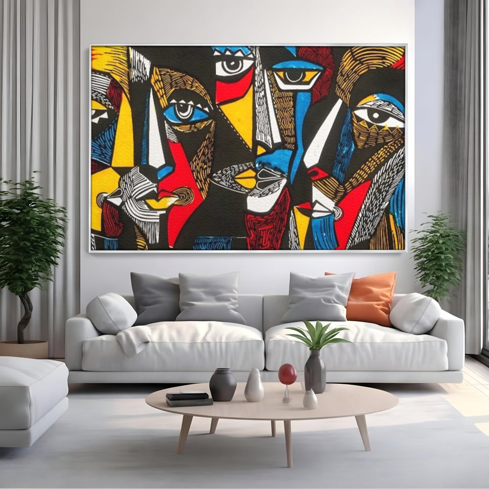 Tablou canvas cu tablou abstract cu fete colorate, in rama de aluminiu argintiu, pe perete intr-un living